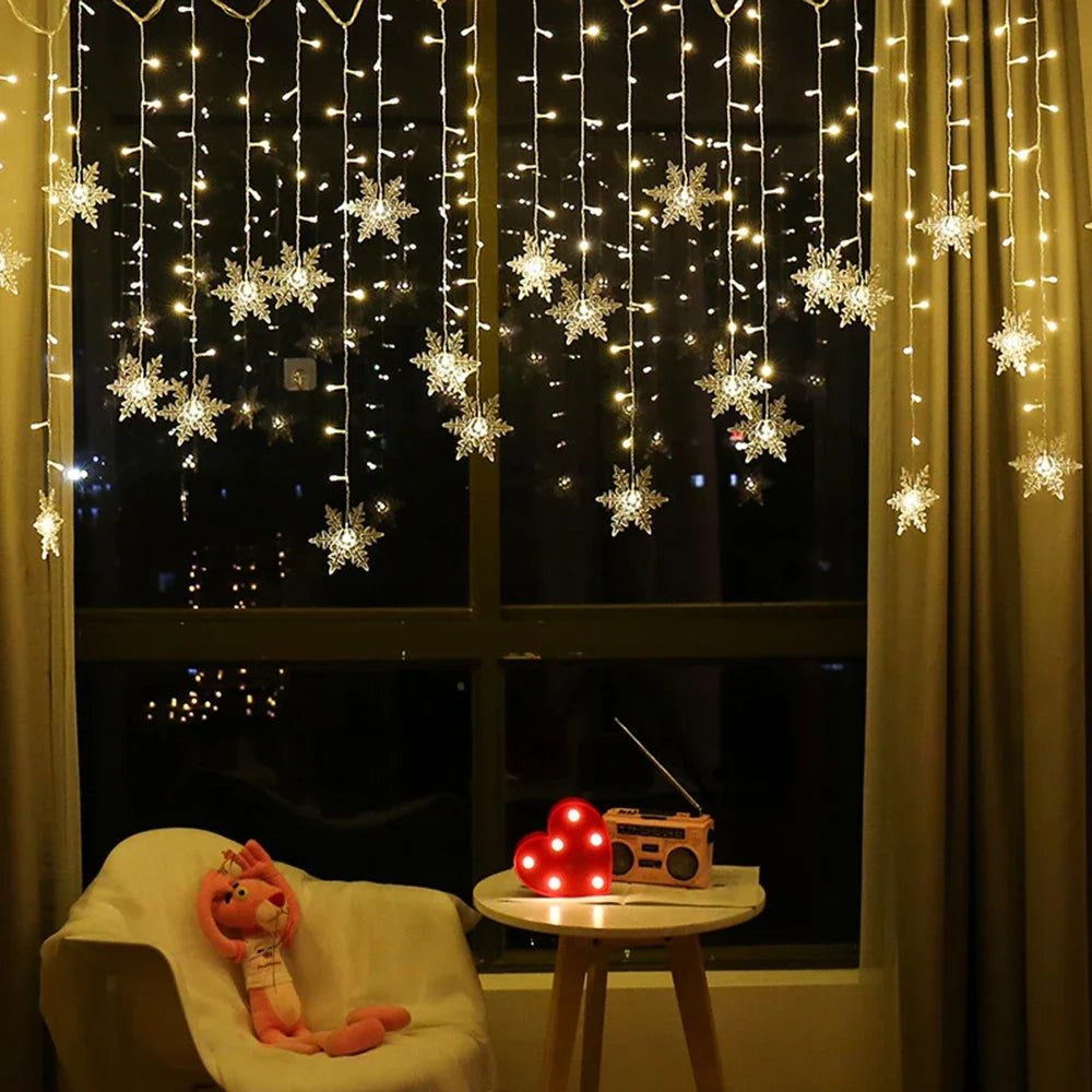 Christmas Snowflake Fairy Lights 4M 96Led Curtain Lights Snowflake String Lights for Halloween Thanksgiving Christmas Decoration