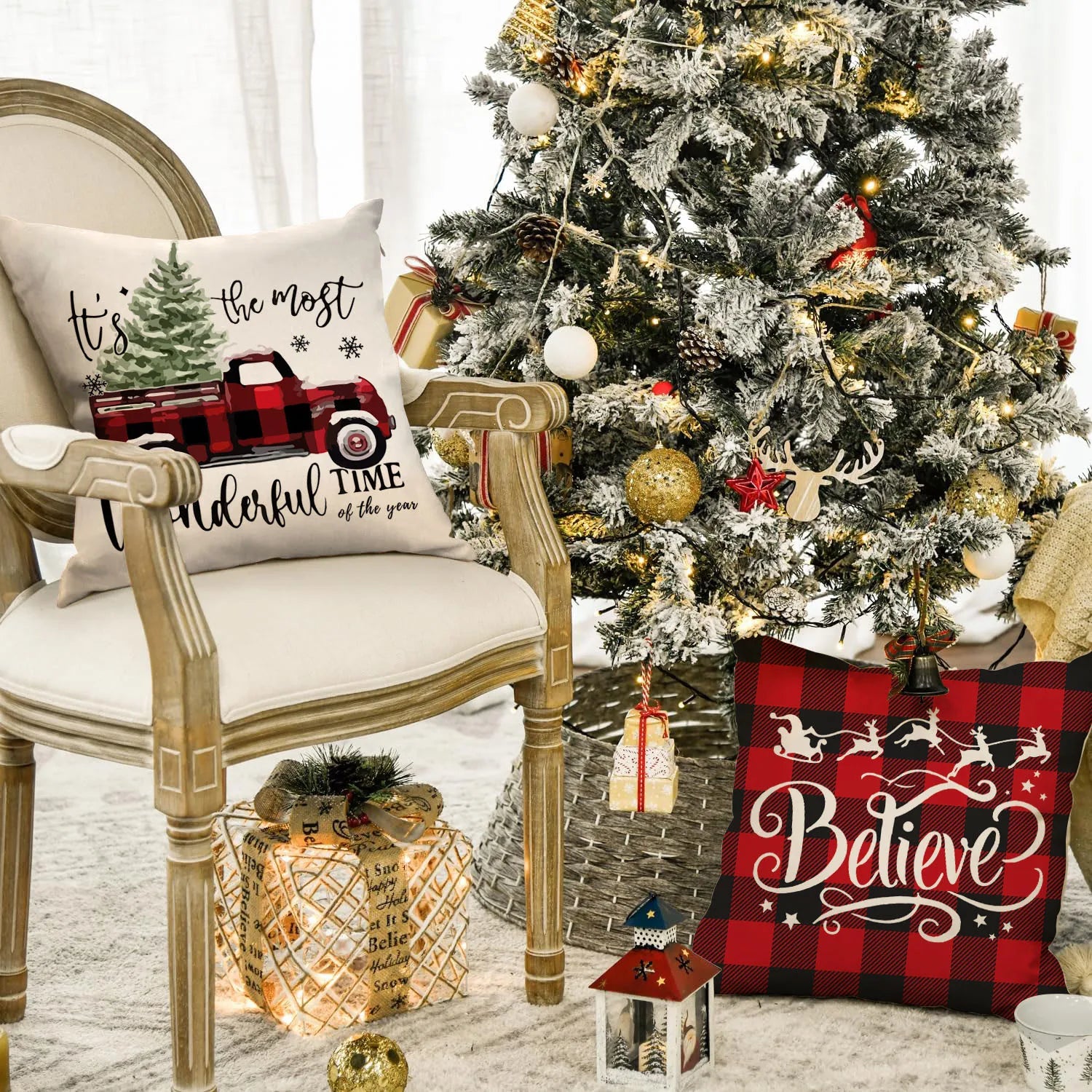 1pc/4pcs Christmas Pillow Cover, Black and Red Buffalo Plaid Celebration Christmas Tree Snowflake Decoration Sofa Cushion Cover
