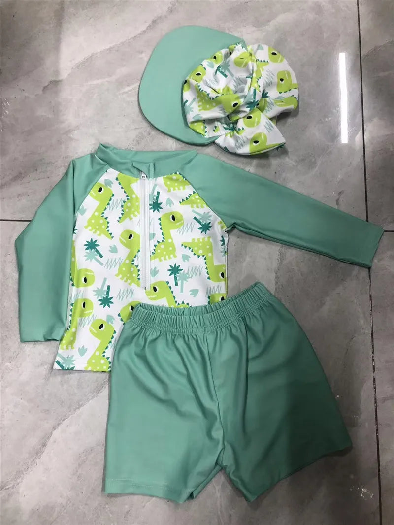 0-36months Toddler Boys Rash Guard Swimsuit Set Animal/Coconut Tree Print Long Sleeve Tops with Shorts and Swim Hat