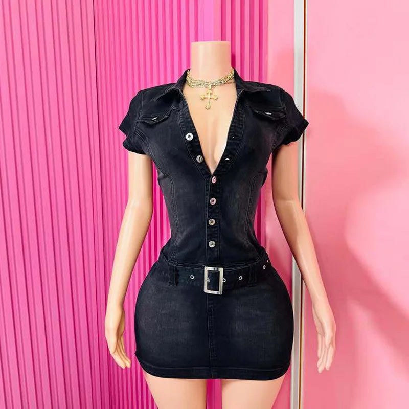 Benuynffy Sexy Half Button Elastic Denim Dress Women Summer 2025 New Turn-down Collar Fashion Slim-fit Bodycon Short Dresses