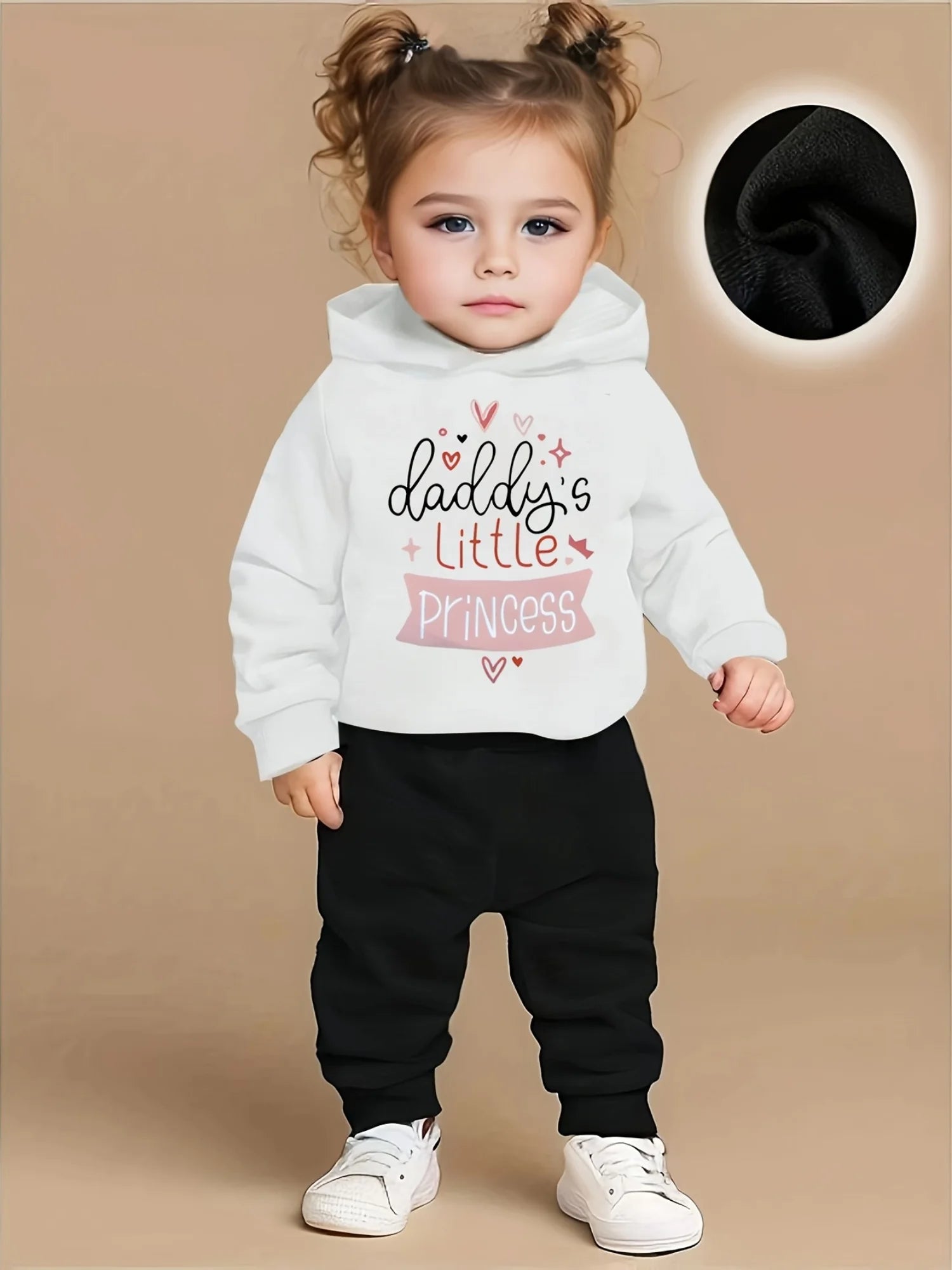 Newborn Baby Girl's Little Princess Letter Heart Print Fleece Hoodie & Lounge Pants Set for Fall/Winter Outdoor Wear