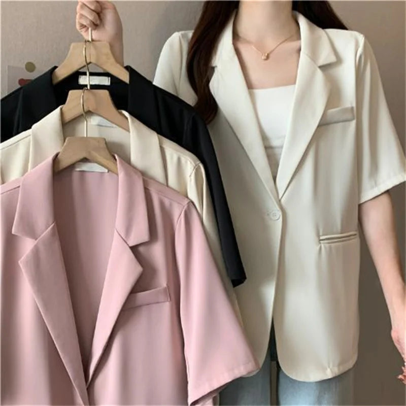 2025 Female Short Sleeved Suit Coat Women Summer Loose Fitting Solid Color Blazer Jacket Ladies Korean Leisure Tops Outerwear