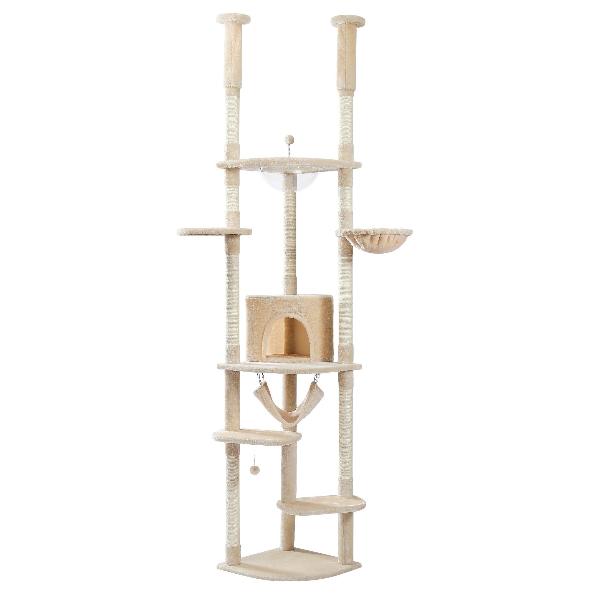 Floor to Ceiling Cat Tree Adjustable Cat Tower Tall Kitty Climbing Play House with Scratching Posts Cozy Condo Perches Hammock