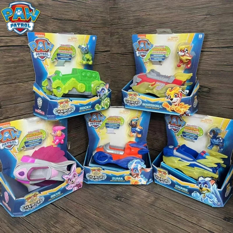 Genuine New Paw Patrol Mighty Pups Charged Up Rubble Marshall Chase Deluxe Vehicle with Lights and Sounds Children's Toy Car Boy