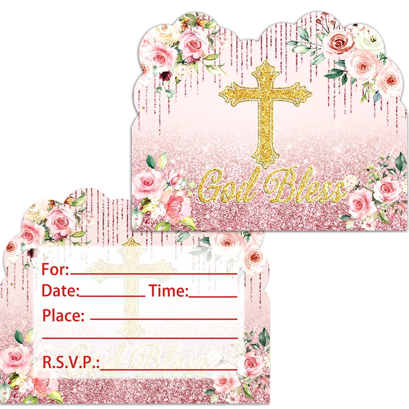 God Bless Invitation Card pink/white/blue cross invitation card for Thanksgiving Day party supplies Christening & Baptism decor