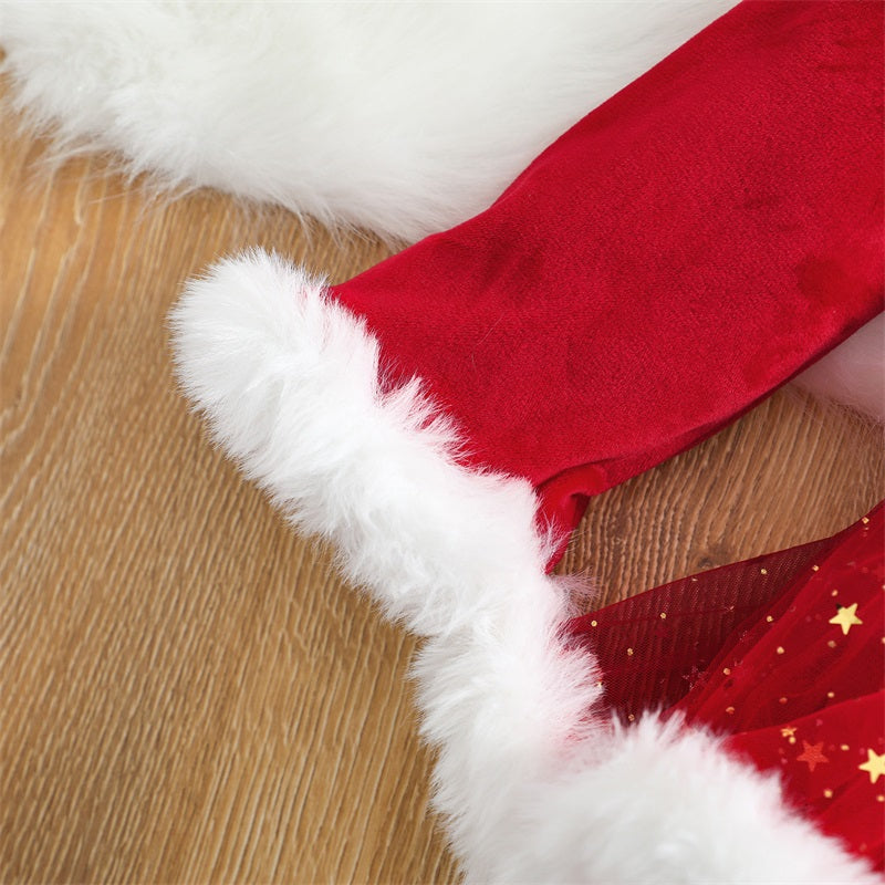 2Pcs Infant Newborn Baby Girls Christmas Outfit, Plush Patchwork Long Sleeve Romper Dress + Hairband Set for Toddler 0-24 Months