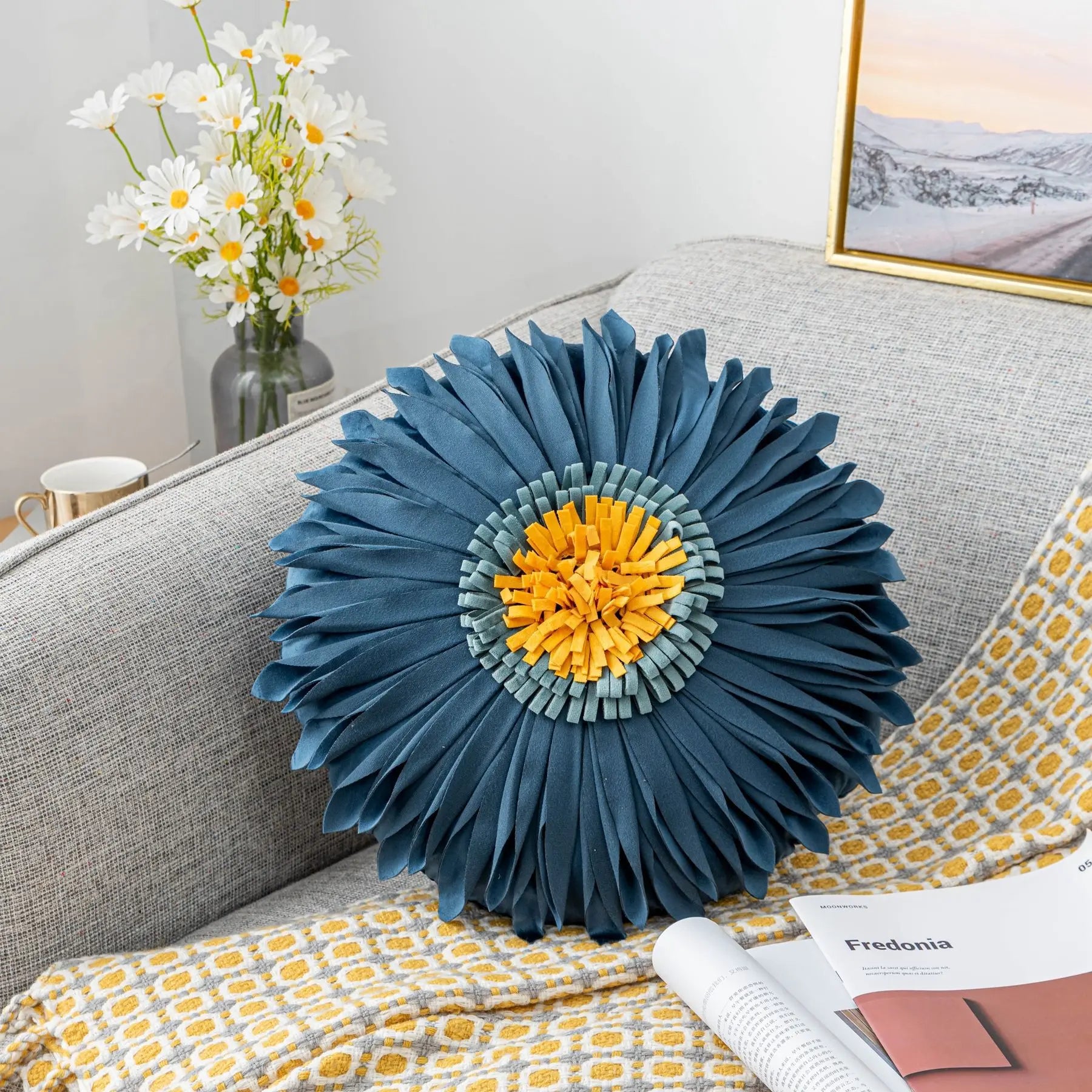 Modern Style Yellow White Throw Pillows Round  45*45 Velvet Stitching 3D Chrysanthemum Cushion Cover Waist Blue Cute Pillowcase