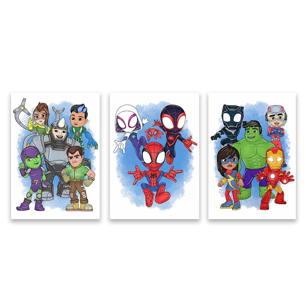 3 PCS Colorful Spidey & Friends Wall Art Poster Watercolor Splatter Art Print Boys Playroom Decor Superhero Nursery Art Canvas