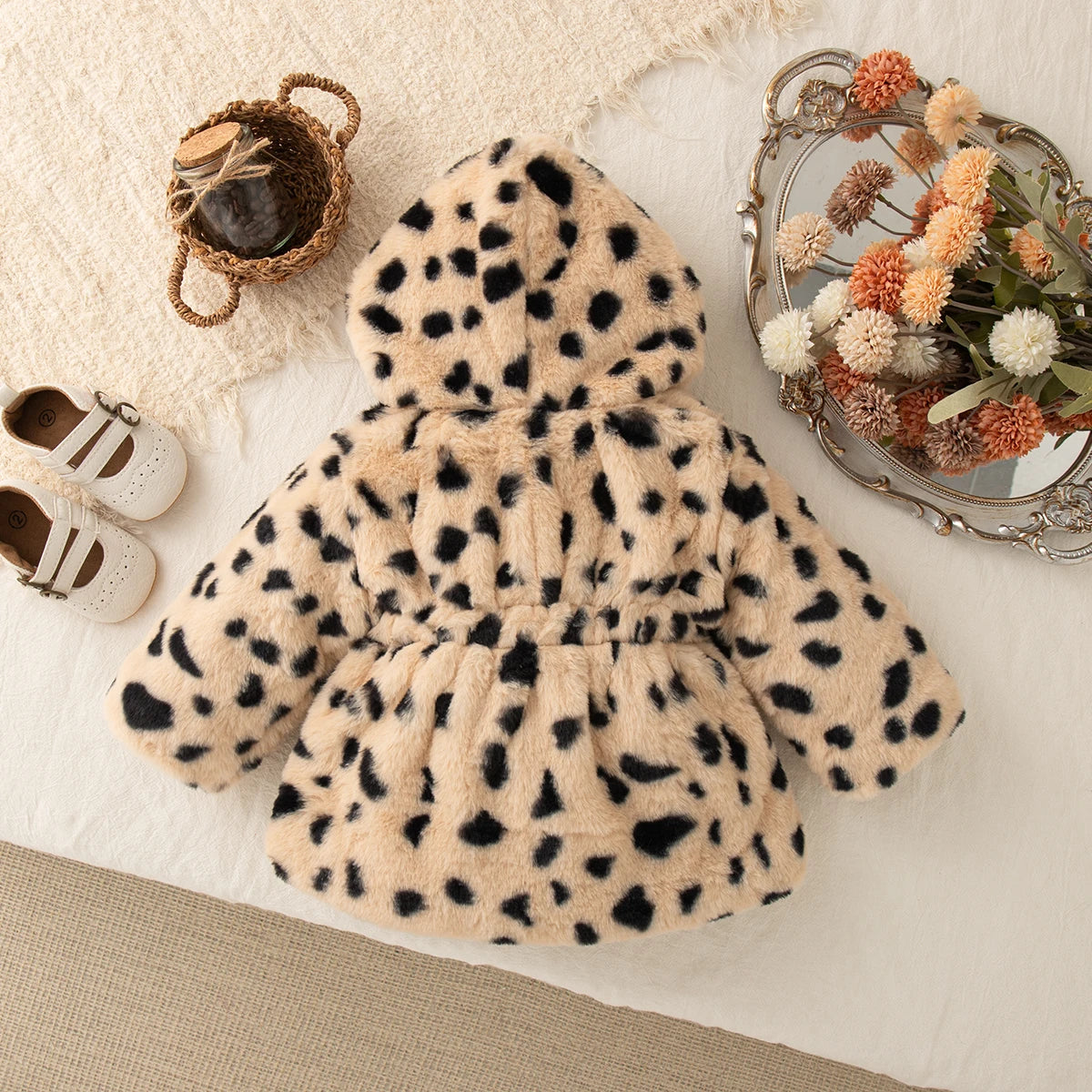 Baby Clothes Girl Winter Full Printed Spot Pattern Warm Lamb Suede Baby Girl's Outerwear Hooded Cute Casual Girl's Coat