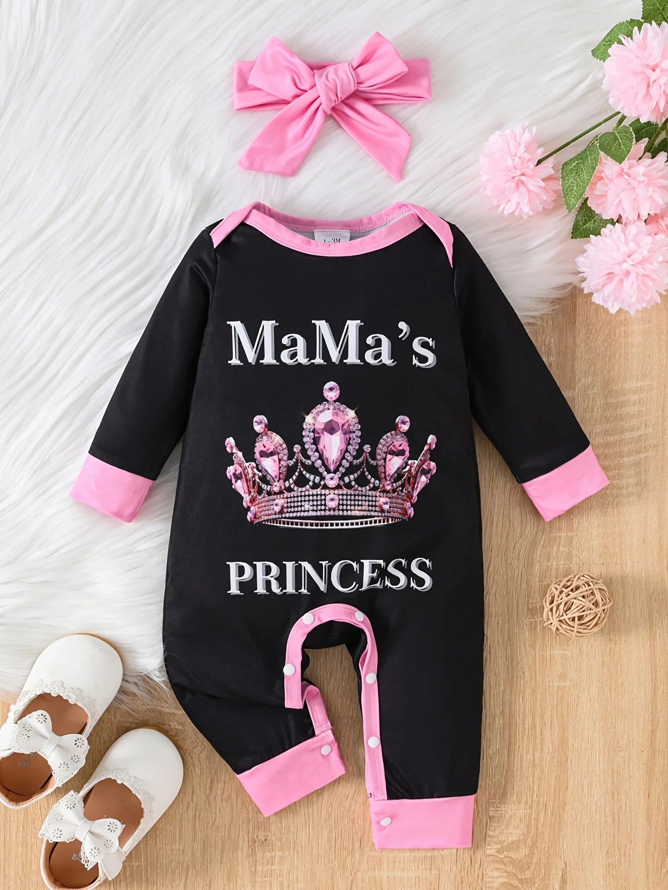 Newborn baby girl's spring and autumn crown letter print long sleeved openable jumpsuit