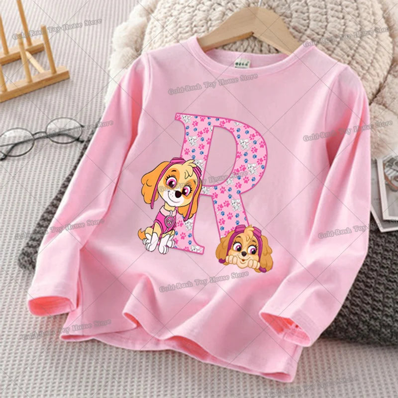 Paw Patrols Skye Letter A-Z T-shirt for Girl Long Sleeve Cotton Tops Cute Cartoon Print Children Tee Autumn Casual Kids Clothes
