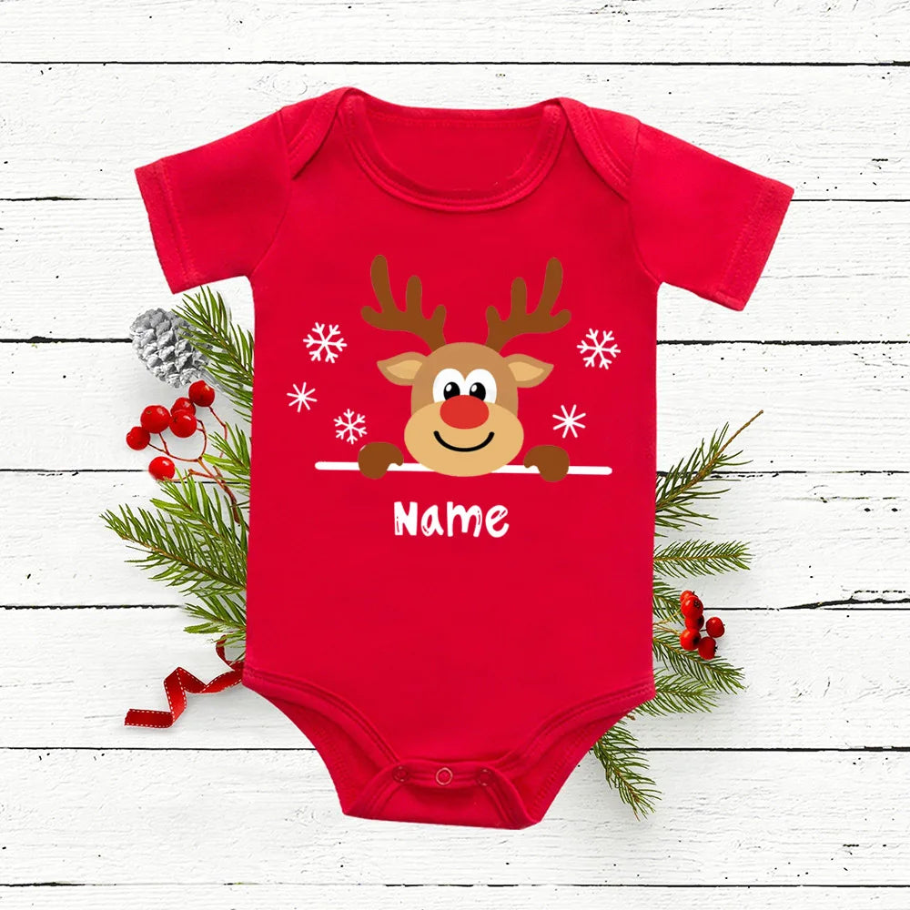 Personalized Baby Christmas Romper Deer with Name Newborn Bodysuit Infant Red Cotton Junpsuit Toddler Xmas Outfit Clothes