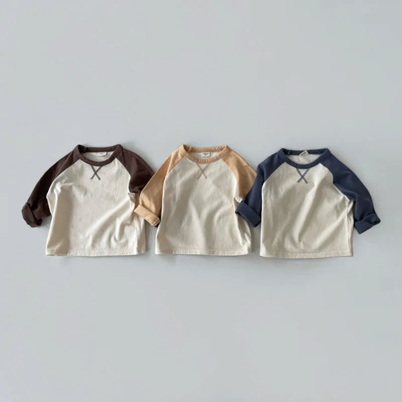Kid Casual Simple Patchwork Long Sleeves T-shirt Pullover Tops Girl Loose Comfortable Soft Bottoming Shirt cotton tees