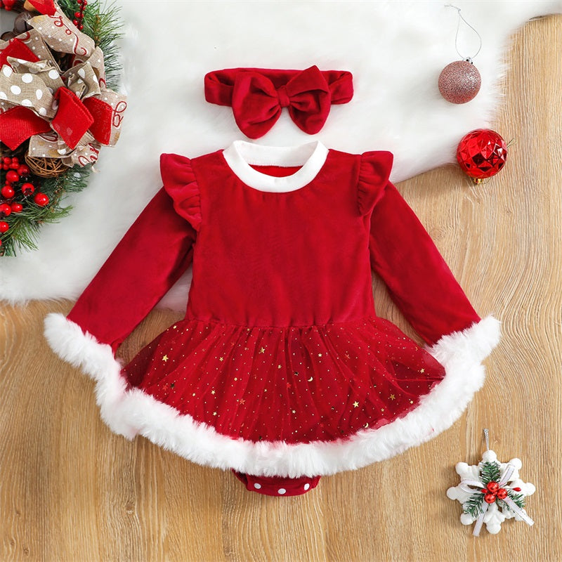 2Pcs Infant Newborn Baby Girls Christmas Outfit, Plush Patchwork Long Sleeve Romper Dress + Hairband Set for Toddler 0-24 Months