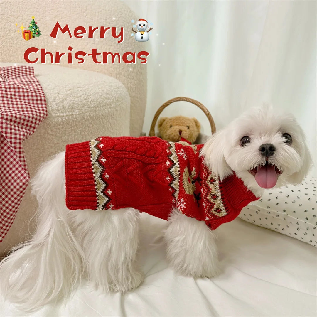 Pet Sweater for Dogs and Cats Fashion Warm Clothing in Winter Red and Green Gingerbread Cherry Deer Fresh Flowers White Sweater