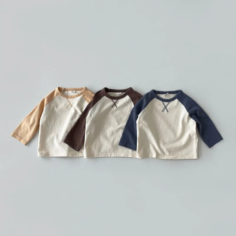 Kid Casual Simple Patchwork Long Sleeves T-shirt Pullover Tops Girl Loose Comfortable Soft Bottoming Shirt cotton tees