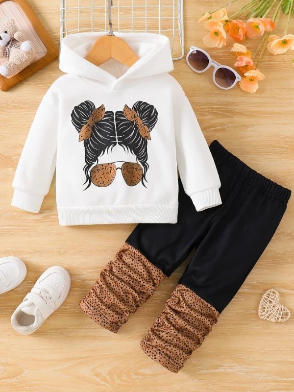 Spring Autumn Baby Girl Cartoon Headprint Fleece Hoodie And Pleated Pants Matching Two-Piece Set Cute Infant Clothing
