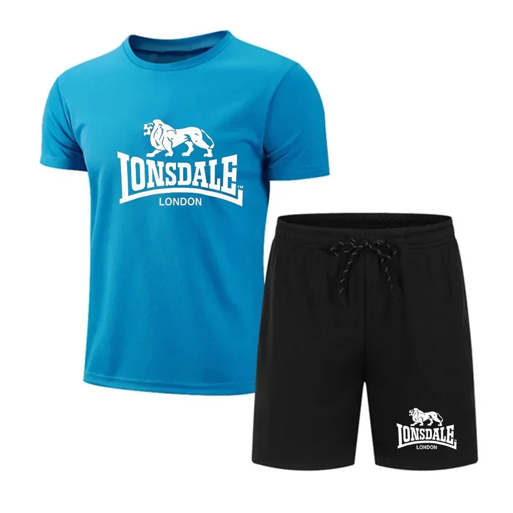 Men's summer T-shirt+shorts mesh set Lonsdale printed quick drying breathable sports set short jogging gym casual sportswear