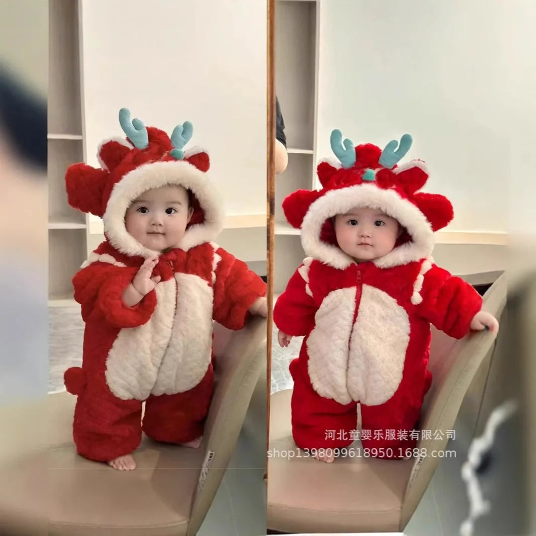 Baby Rompers Zipper New Year Clothes Autumn Winter Baby Clothes 2025 New Cute Baby Cartoon Warm Rompers