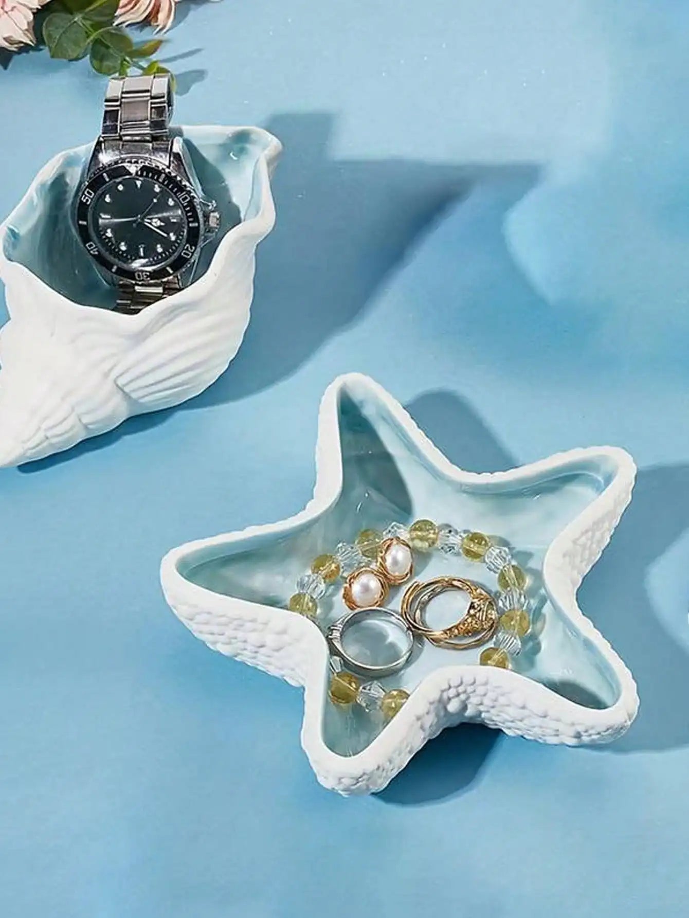 Plateau à bijoux en forme de coquille bleu ciel 1 pièce et bol à clés, un plateau de rangement de bijoux en céramique. Cadeaux d'anniversaire Graduation