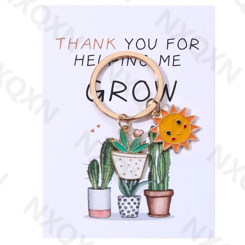 Classic Sun Smiling Face Cactus Enamel Keychain Cartoon Plant Grow Thank You For Teachers Good Gift Handmade Jewelry Set