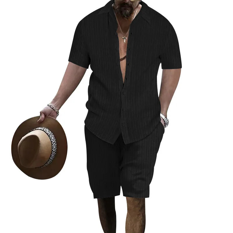 Summer European and American Style Men's Clothing Short Sleeve Cardigan Suit Men's Casual Loose Short Sleeves Shorts Beach Suit