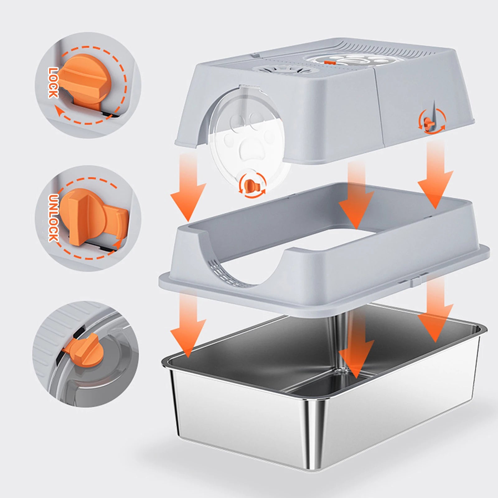 Stainless Steel Litter Box with Lid Anti-Leakage Non Stick Surface XXL Cat Litter Pan w/Scoop & Steps 60x40x39cm