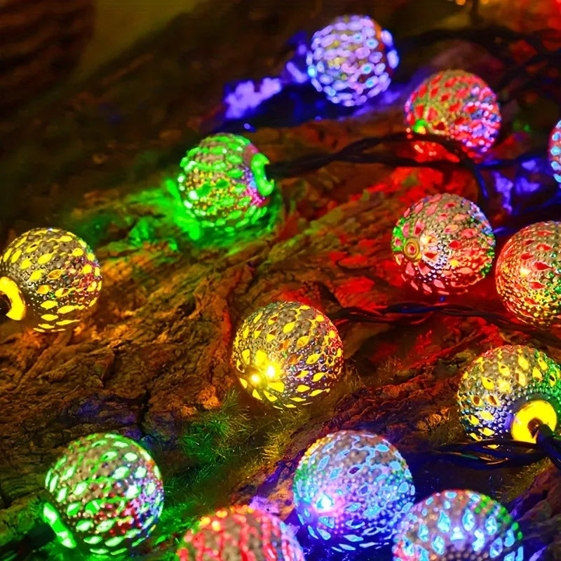 Solar Moroccan String Lights Metal Spherical Outdoor Fairy Lights for Christmas, Thanksgiving, New Year, Valentine's Day