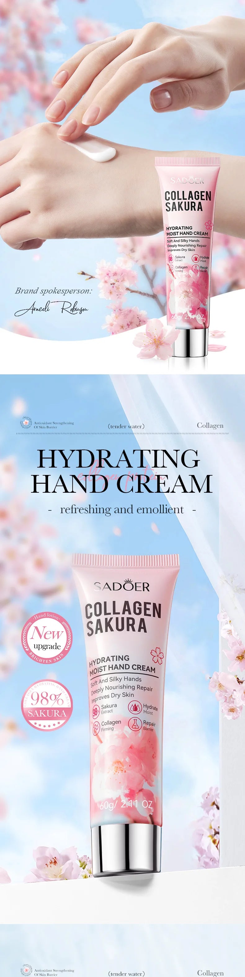 SADOER Sakura Collagen Hand Cream Moisturizing & Nourishing, Brightening Care, Anti-Wrinkle Anti-Crack Cream for Hands 60G