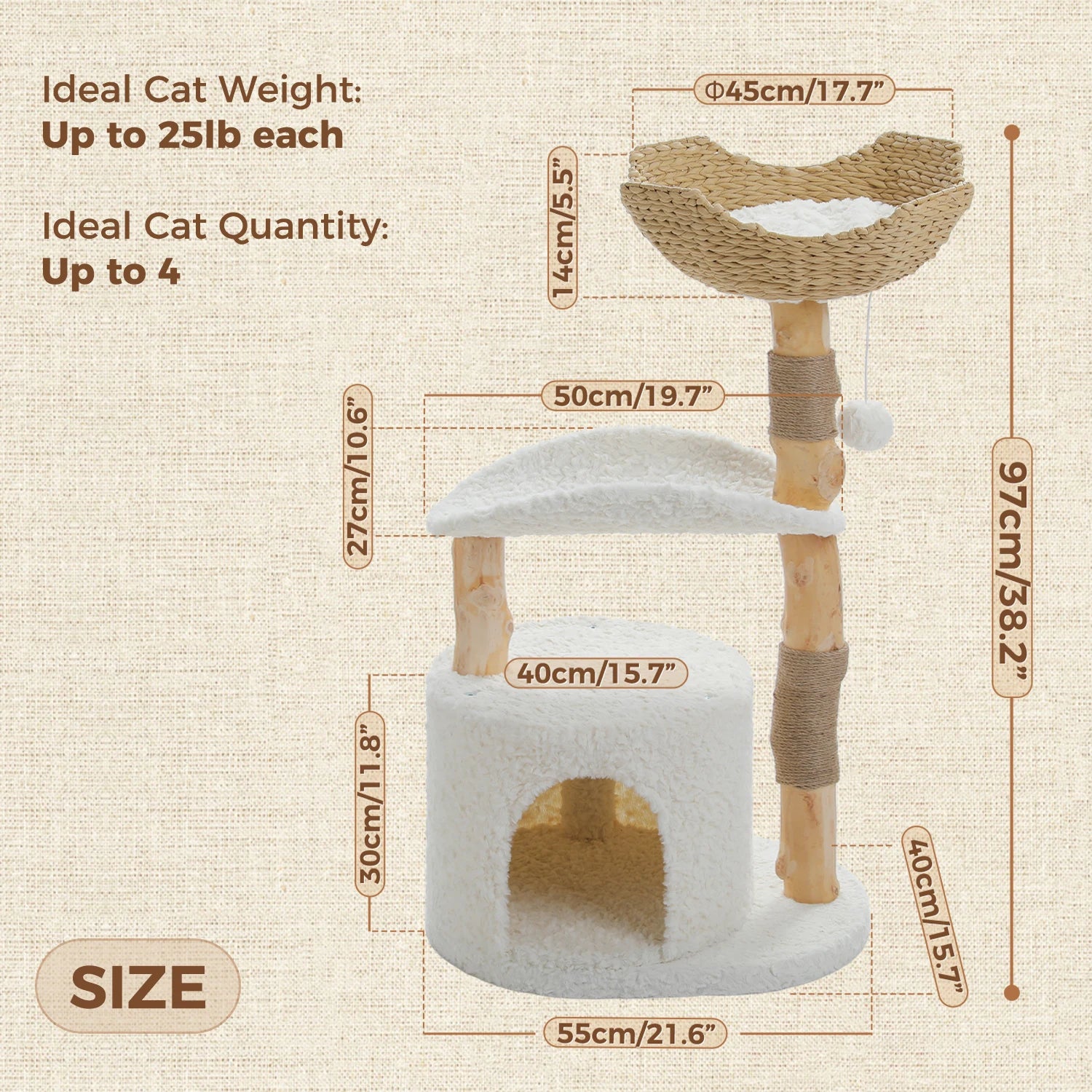 Modern Cat Tree Tower with Natural Solid Wood Scratching Posts Spacious Wicker Basket Luxury Cat Condo Bed for Indoor Cat Toys