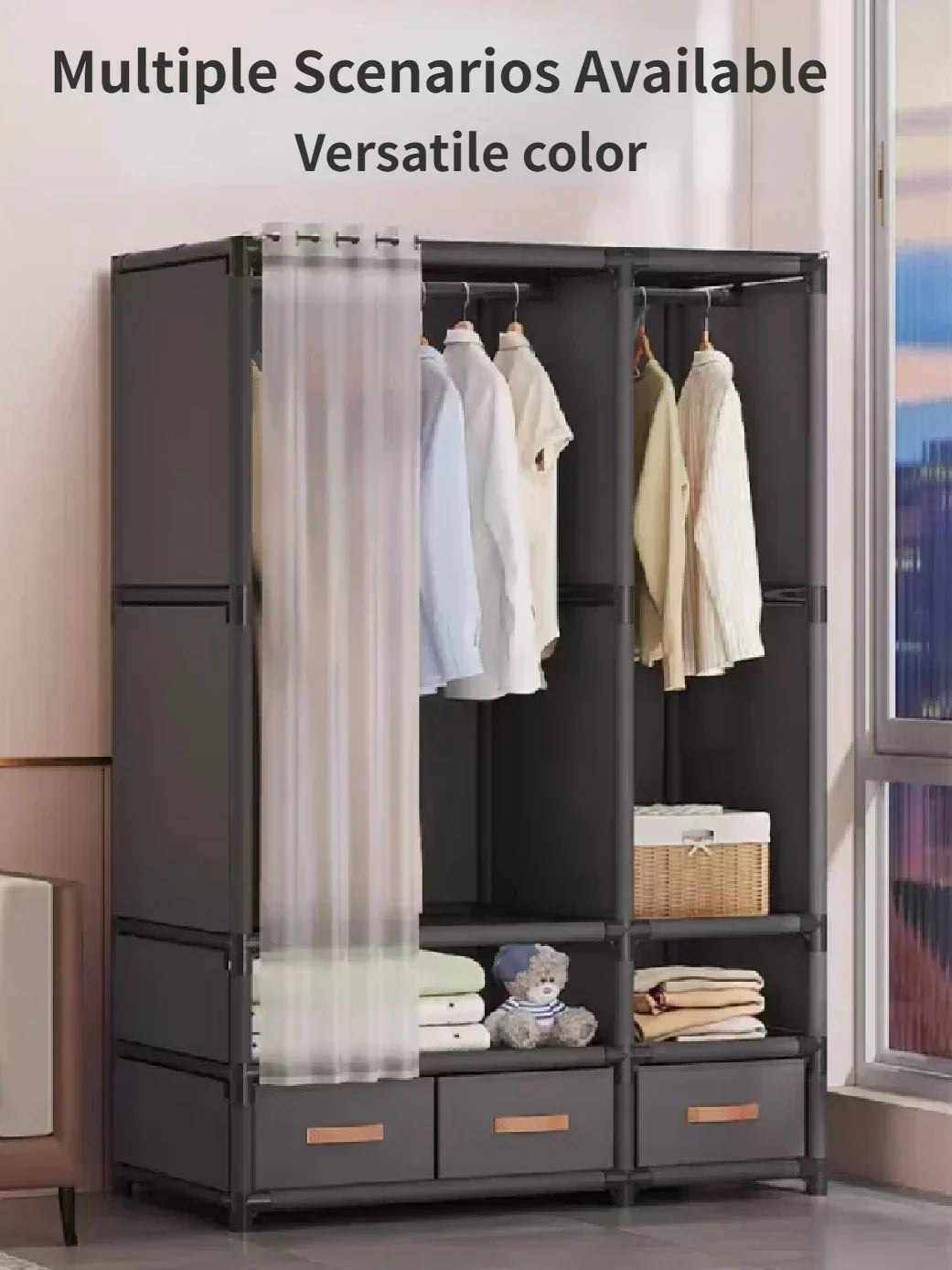 Armoire pour usage domestique, chambre à coucher, armoire en tissu simple et de grande capacité, robuste et durable, rangement anti-poussière, support organisateur de garde-robe