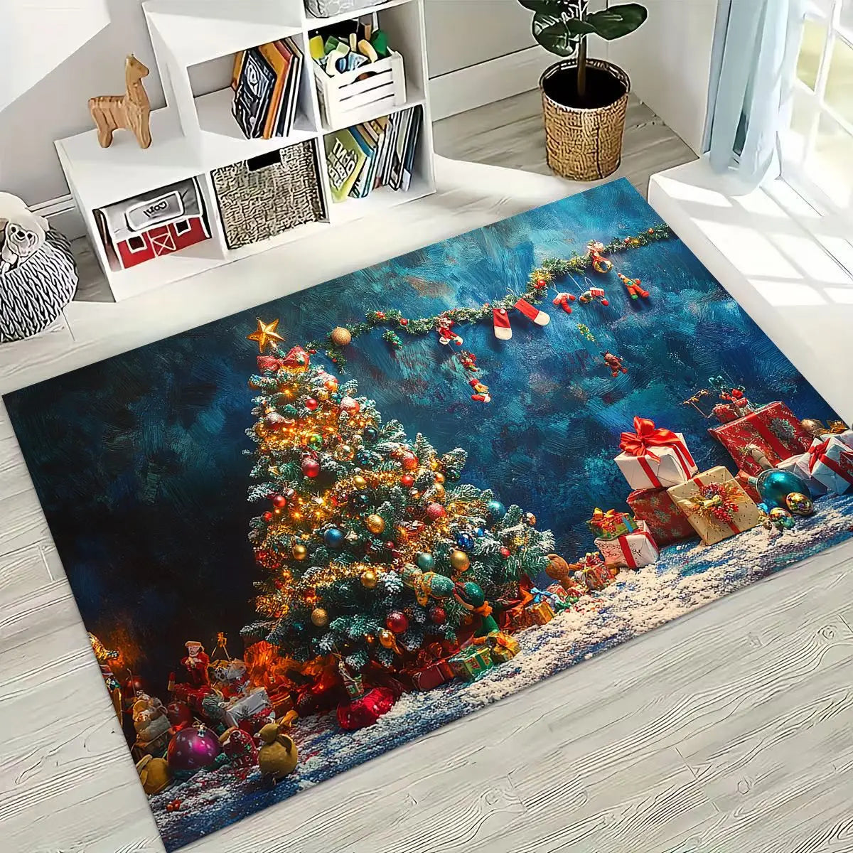 Merry Christmas Tree Santa Claus Cartoon Happy New Year Gift Carpet Rug for Bedroom Living Room Sofa Home Doormat Decor,Non-slip