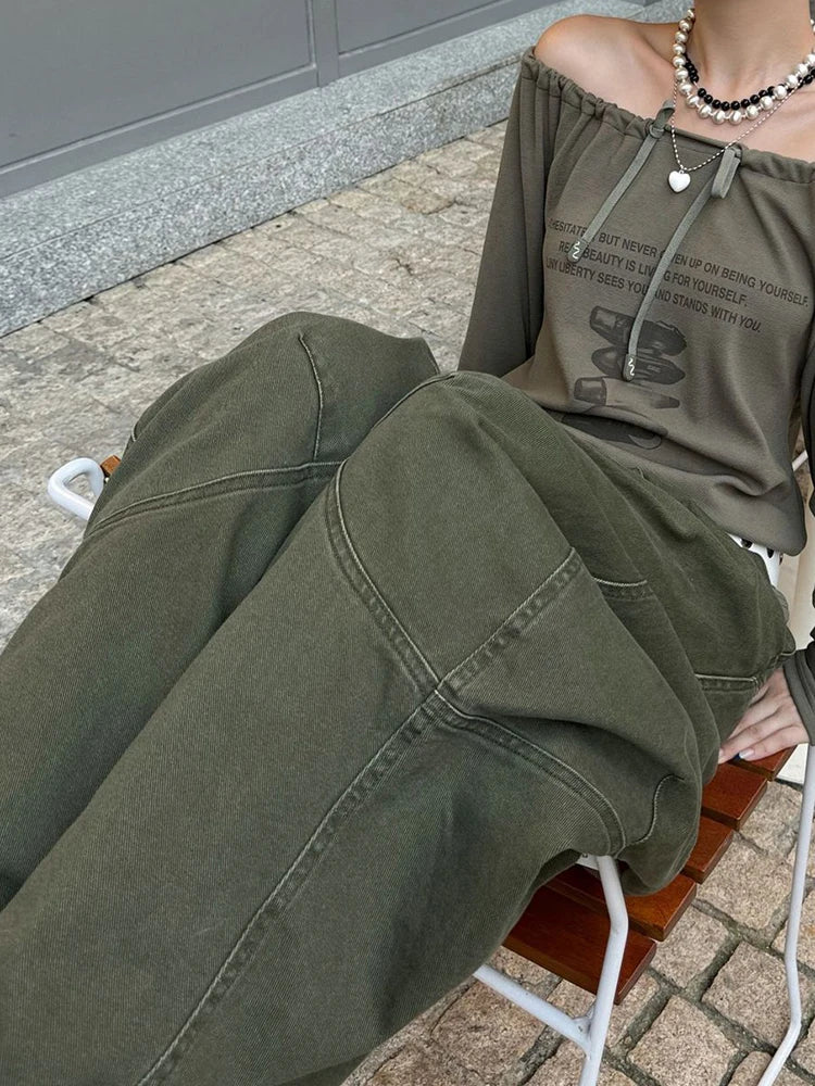 DEAT Fashion Splicing Silhouette Curved Jeans Women's High Waist Loose Wide Leg Denim Pants Autumn New 7A1005