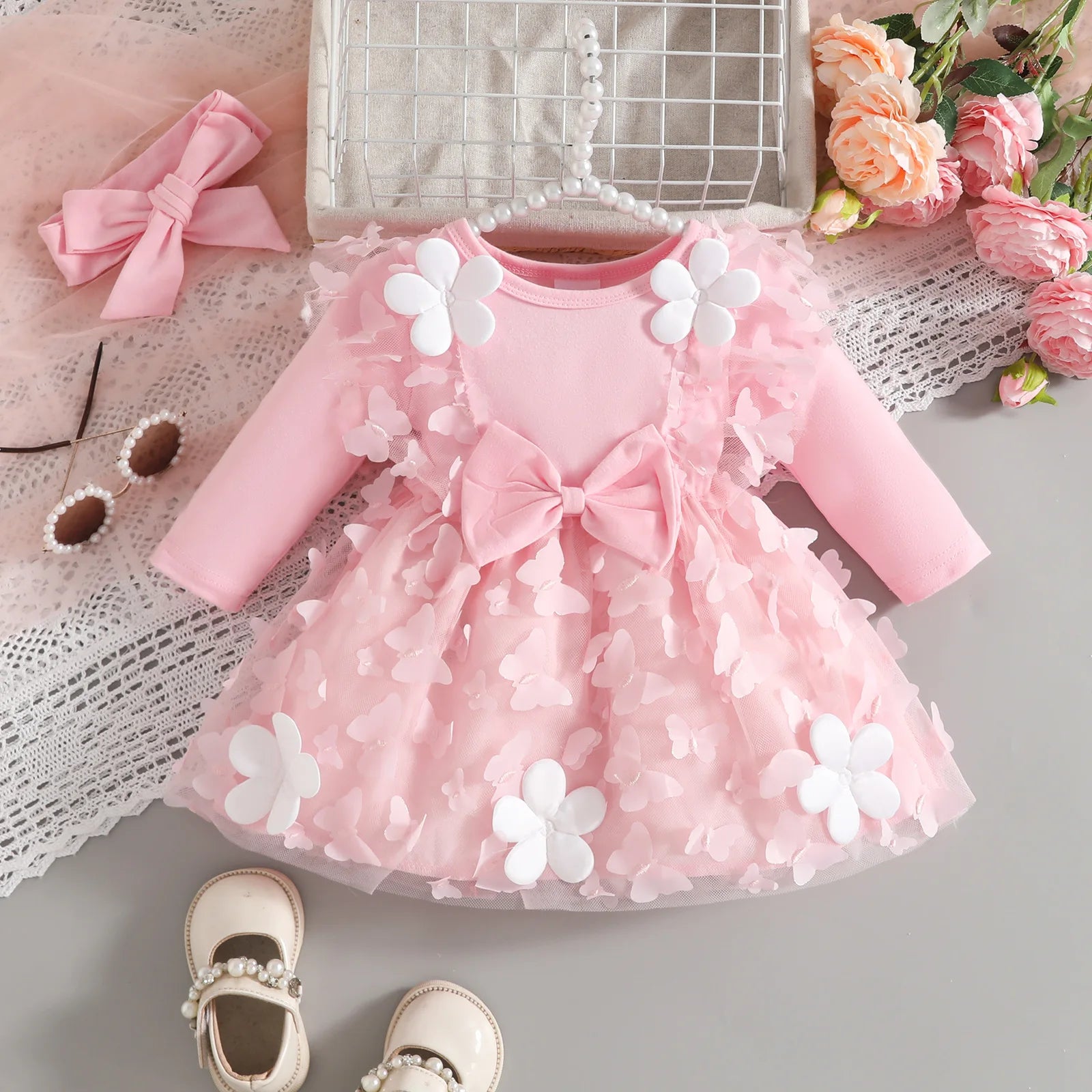 0-2Y Baby Girl Clothes 2Pcs Set Butterfly Tulle Patchwork Bow Baby Dresses for Newborn Girls and Headband Princess Party Outfit