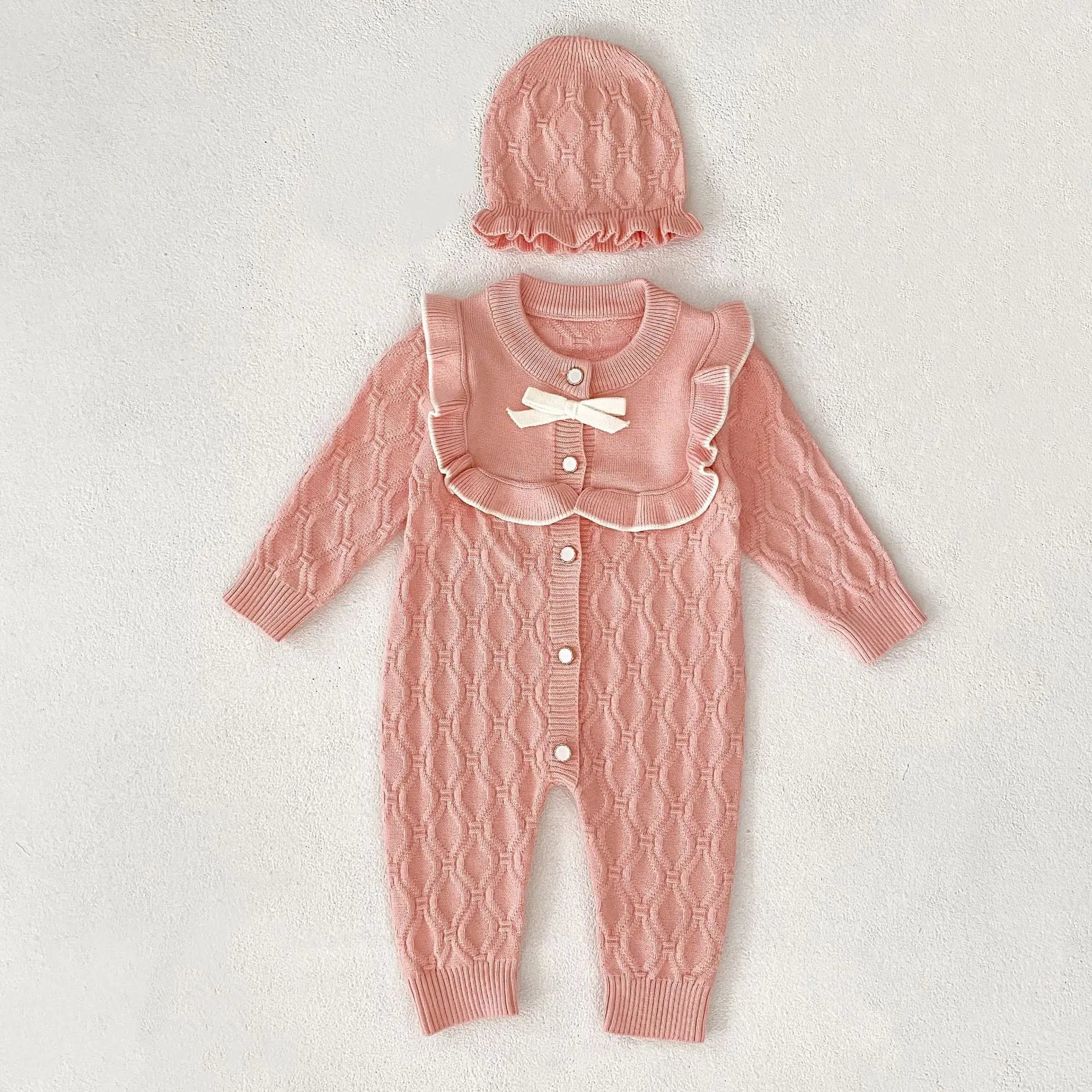 Christmas Baby Rompers Clothes Hat Autumn Winter Knitted Bow Newborn Girls Jumpsuits Fashion Solid Plain Toddler Kids Rompers