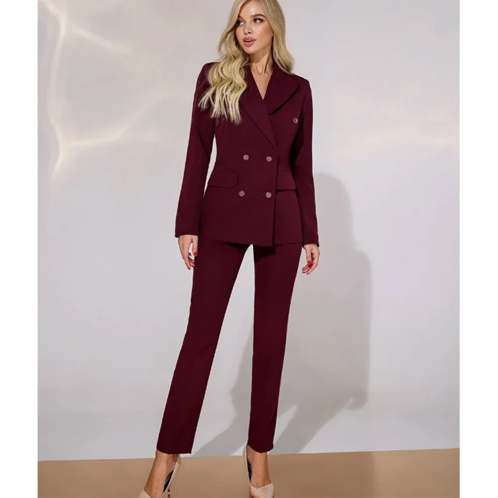 Fashion Chic Burgundy Red Purple Women Suit Double Breasted 2 Piece Jacket Pants Blazer Set Slim Fit Office Lady Female Clothing