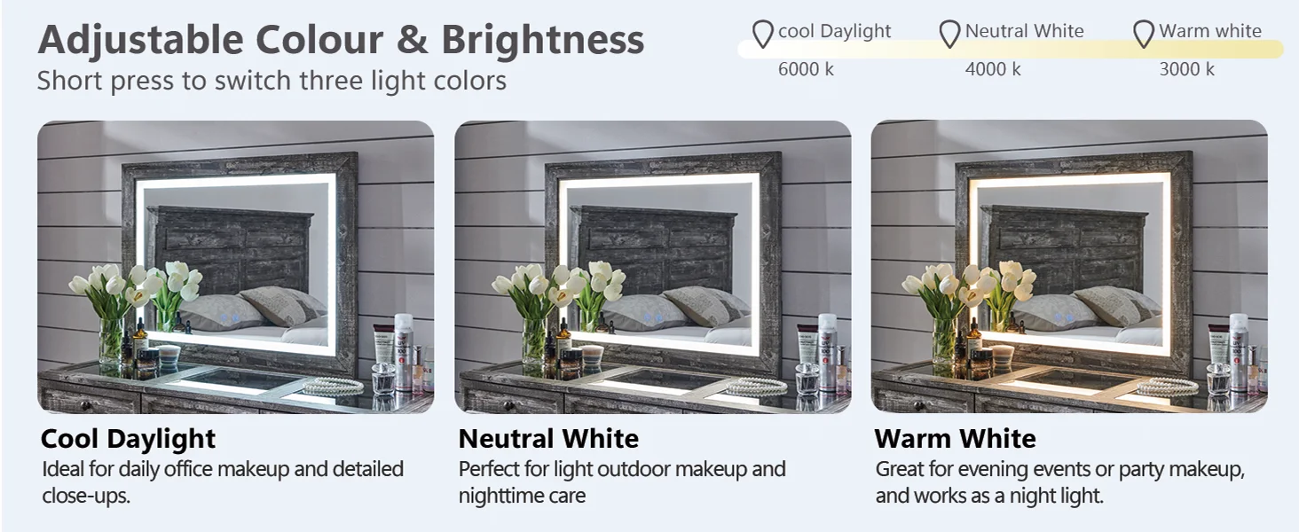 Rustic wood bedroom dresser, 69" wide, with glass top, 9 large storage drawers, 3 usable color lights and 30" HD LED mirror