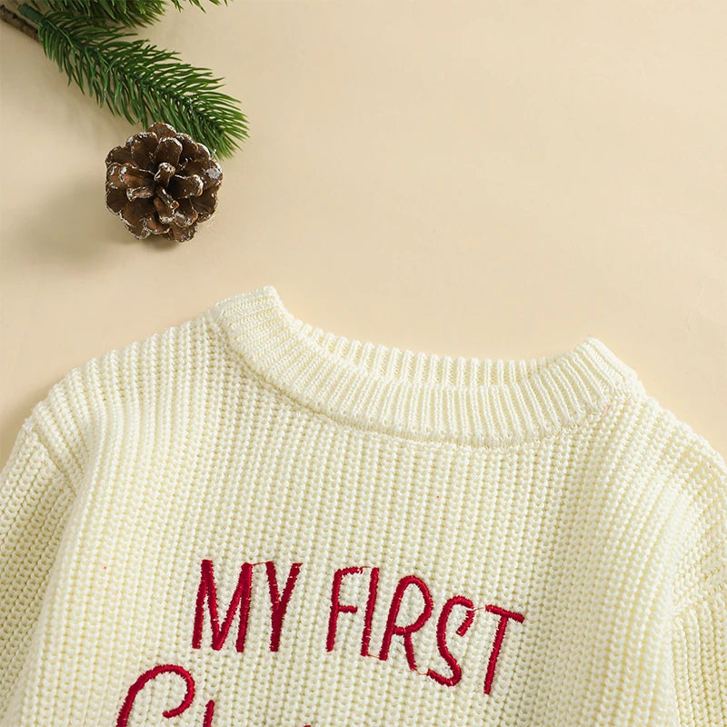 Baby Christmas Sweaters Letter Embroidered Long Sleeve Round Neck Knitted Pullover
