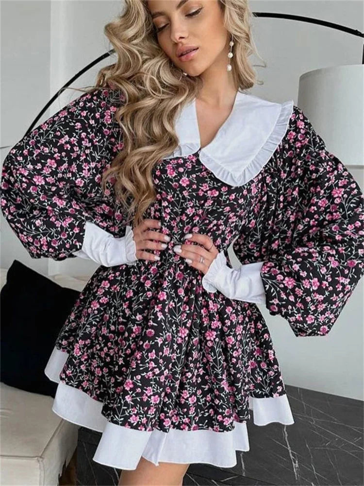 Tossy Ruffled Fashion Printed Mini Dress For Women V-Neck Patchwork Contrast Slim Long Sleeve Party Dress Female Bodycon Dress