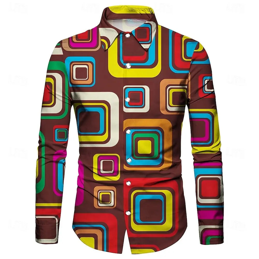 Men's 3D irregular geometric shape print long-sleeved shirt personalized polyester fabric casual shirt men's fashion lapel shirt