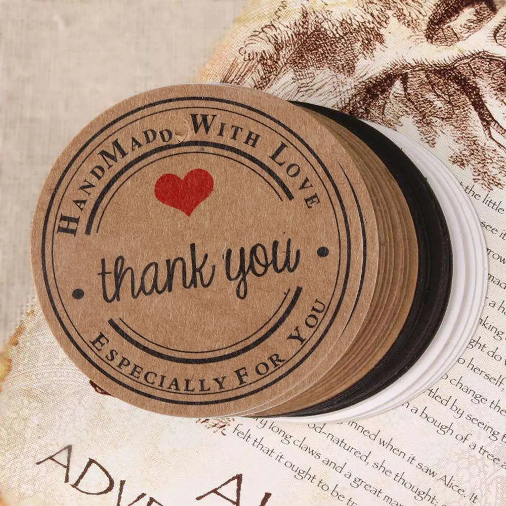 100pcs Thank you With Red Heart Gift Tags Wedding Party Paper Hanging Tags Price Label Handmade Package Hang Tag Cards