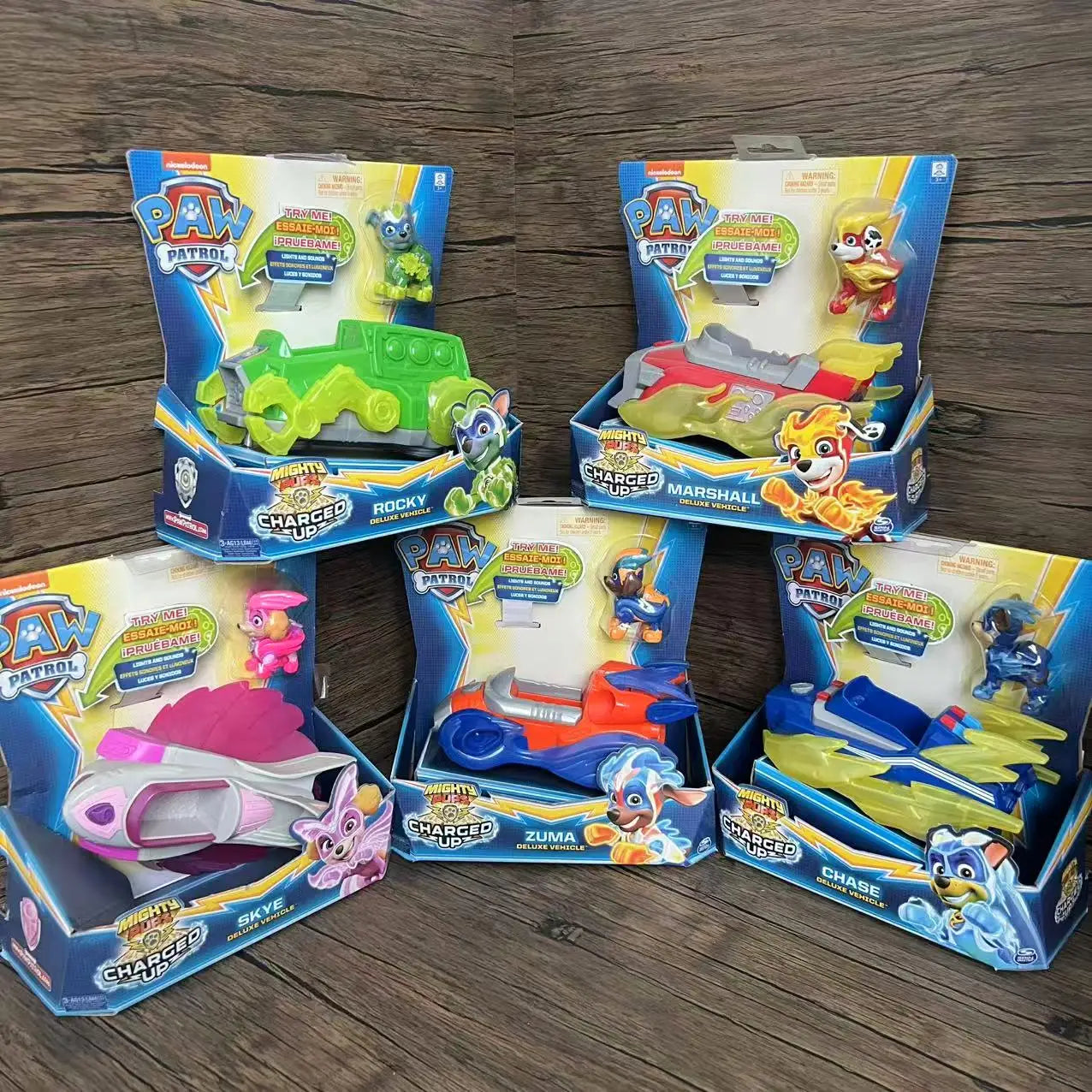 Genuine New Paw Patrol Mighty Pups Charged Up Rubble Marshall Chase Deluxe Vehicle with Lights and Sounds Children's Toy Car Boy