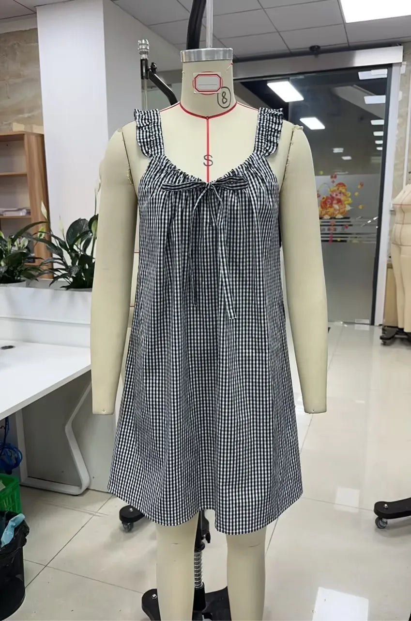 Gaono Women Summer Plaid Mini Dress Casual Y2k Gingham Spaghetti Strap Going Out Outfit Cute Flowy Swing Loose Fit Clubwear