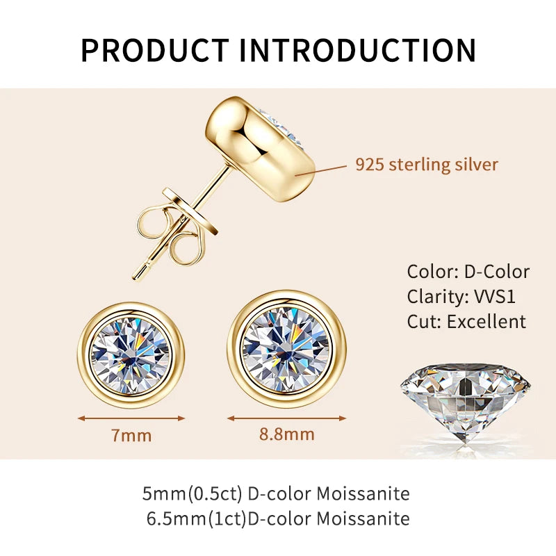 Lnngy 925 Sterling Silver Stud Earrings 5mm/6.5mm Round Moissanite Eearring With Certificate for Women Girl Daily Jewelry Gift