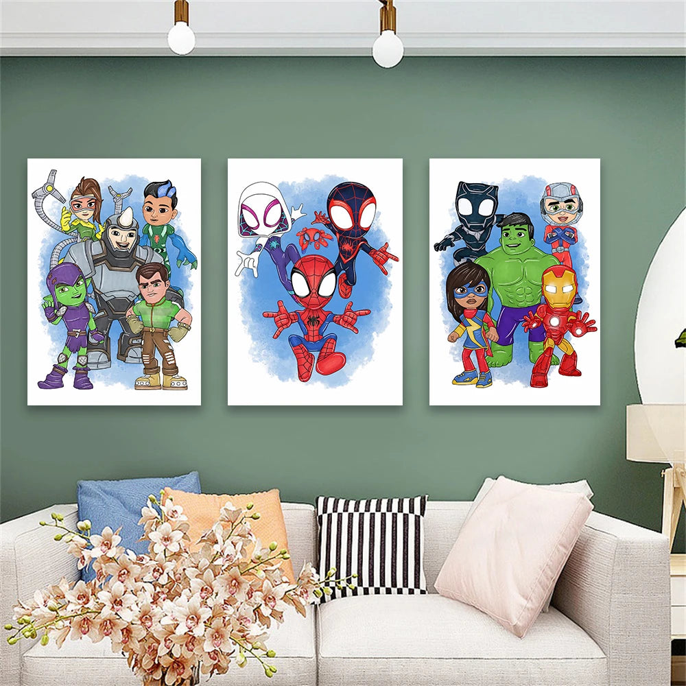 3 PCS Colorful Spidey & Friends Wall Art Poster Watercolor Splatter Art Print Boys Playroom Decor Superhero Nursery Art Canvas