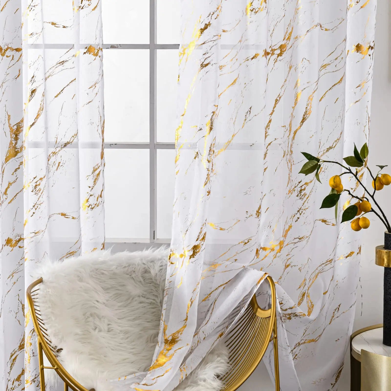 Marble White Sheer Curtains Gold Foil Print Metallic Bronzing, Privacy Window Treatment Decor Abstract Drape for Bedroom Kitchen