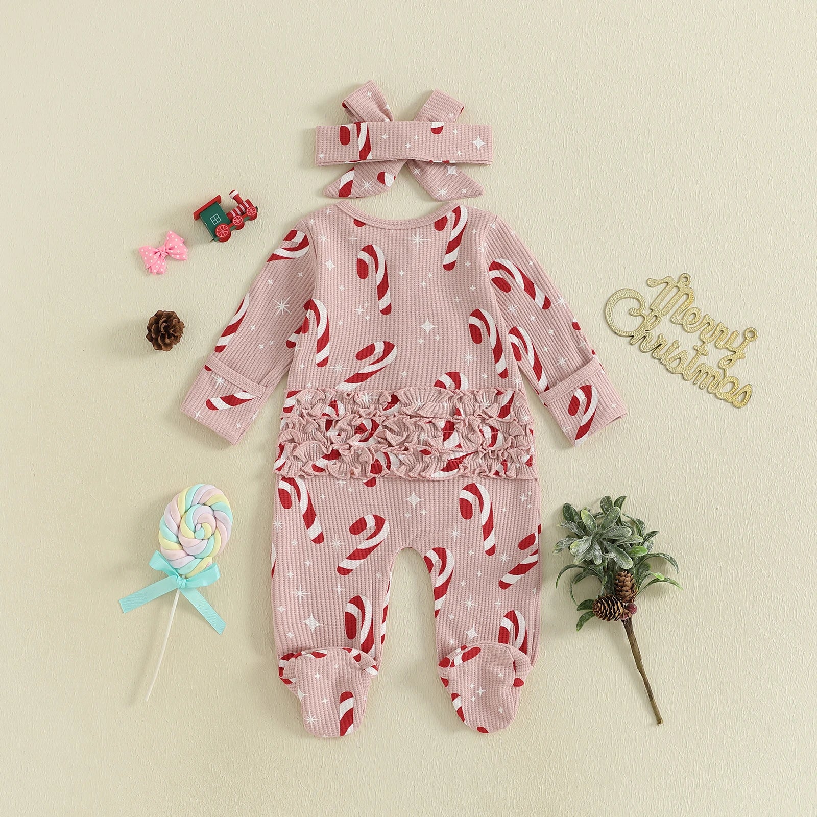 Newborn Baby Girls Christmas Oblique Zipper Rompers Long Sleeve O Neck Candy Cane/Gingerbread Print Jumpsuits with Headband