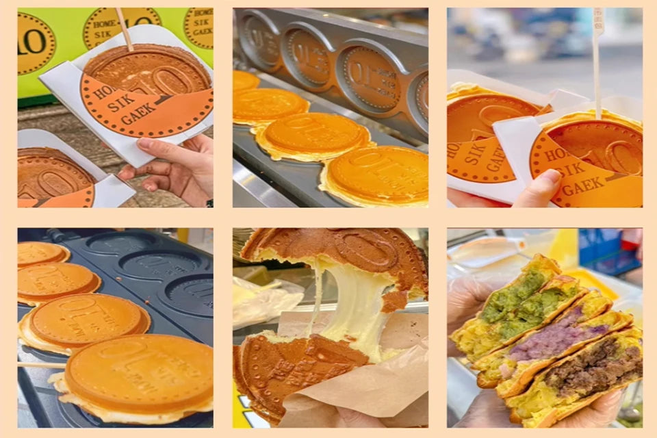 XEOLEO Commerical 4PCS Korean Coin Waffle Maker 3000W Non-stick Coating Gold Coin Bread Waffle Making Maker Electric/Gas