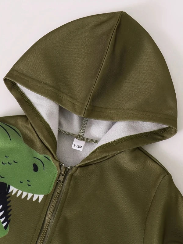 Spring Autumn Baby Boy Dinosaur Print Long Sleeve Hooded Jacket And Trousers Cute Two-Piece Set for Toddlers And Infants