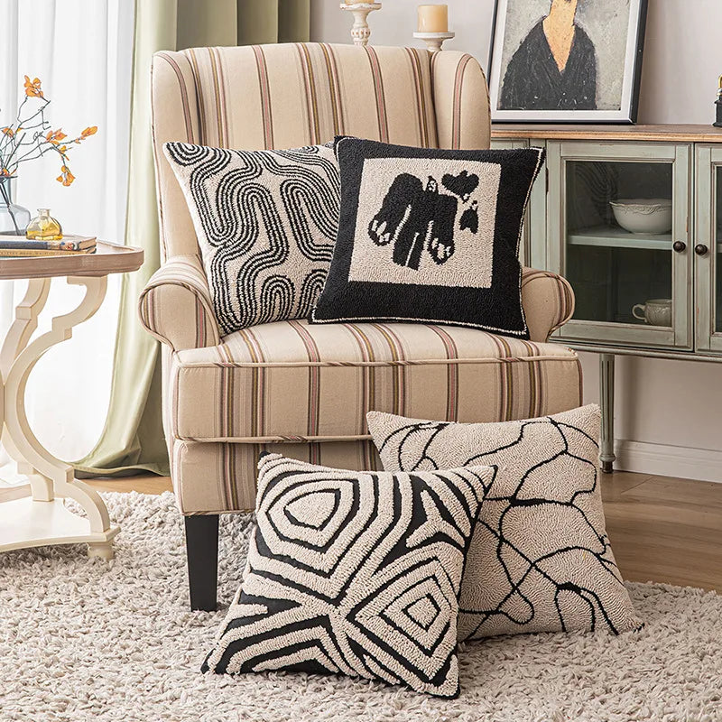 New Geometric Abstract Embroidered Cushion Cover Modern Beige Black Fully Tufted Pillowcase Home Decorative Pillows for Sofa